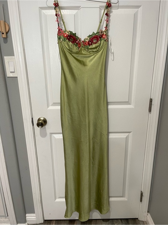 Princess Polly Dresses & Skirts - Princess Polly Olive Satin Maxi Dress with Floral Embroidered Bust
